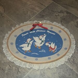 Holiday Goose Embroidery Hoop Wall Hanging in Blue and White with Red Bow